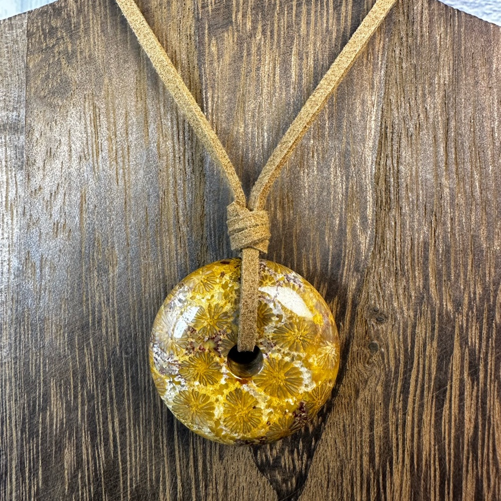 Yellow Coral Fossil Donut Pendant on Brown Faux Suede - Picture 8 of 11